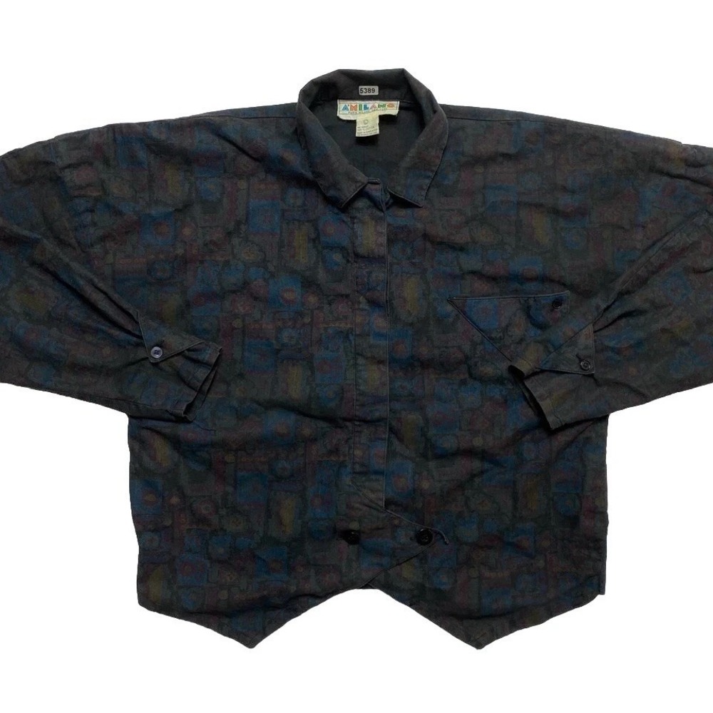 Vintage A'Milano Blouse Womens Large Cotton Crop All Over Print Button Up